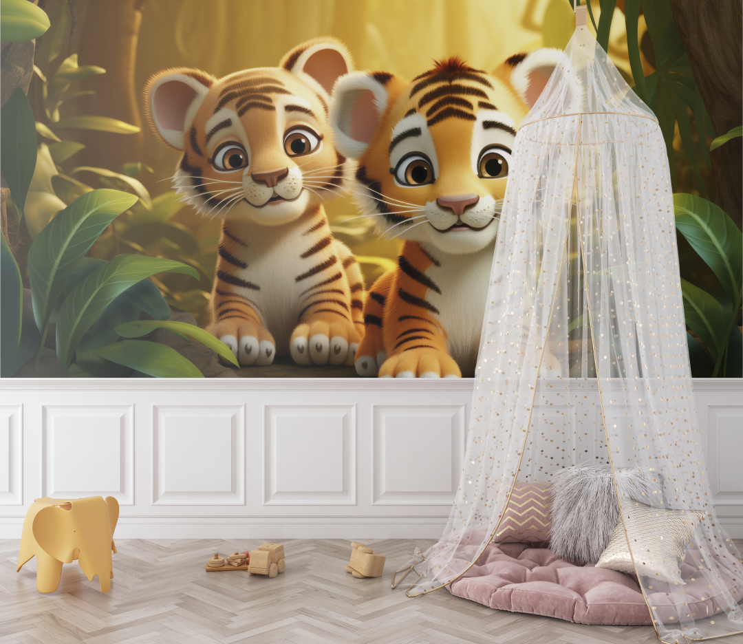 Papier peint lion et paysage doux bebe