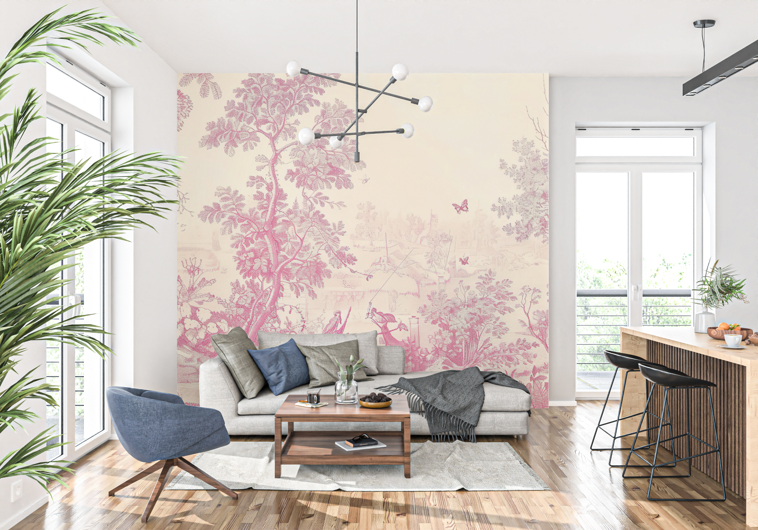 Papier Peint Toile De Jouy Rose Tendance - trompe l'oeil