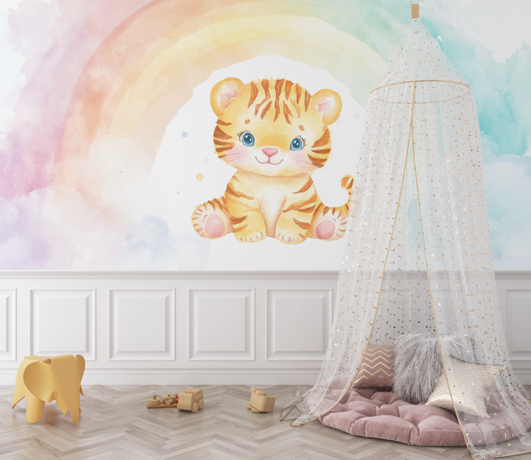 Papier peint tigre arc en ciel bebe