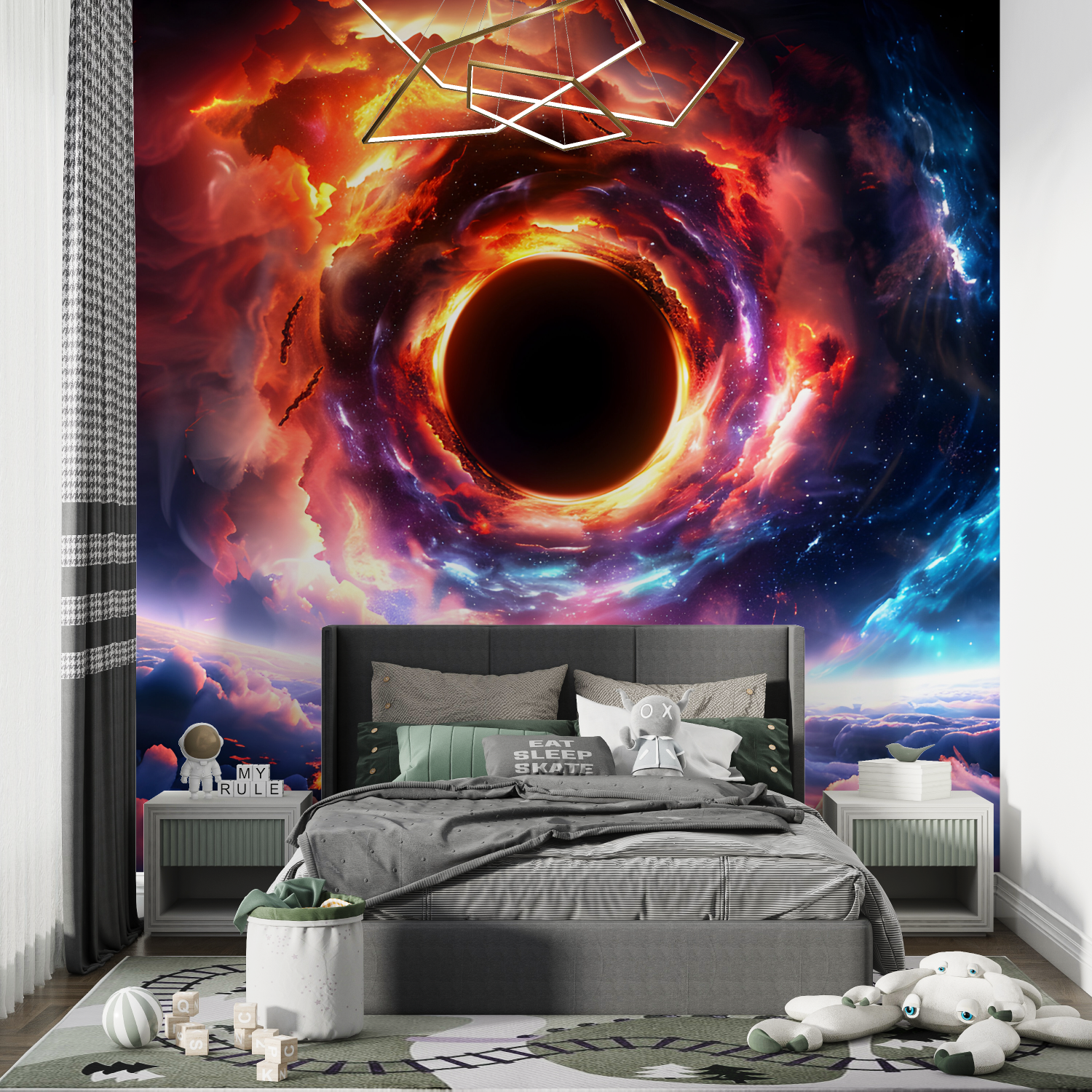 Papier peint espace trou noir en feu chambre de garcon