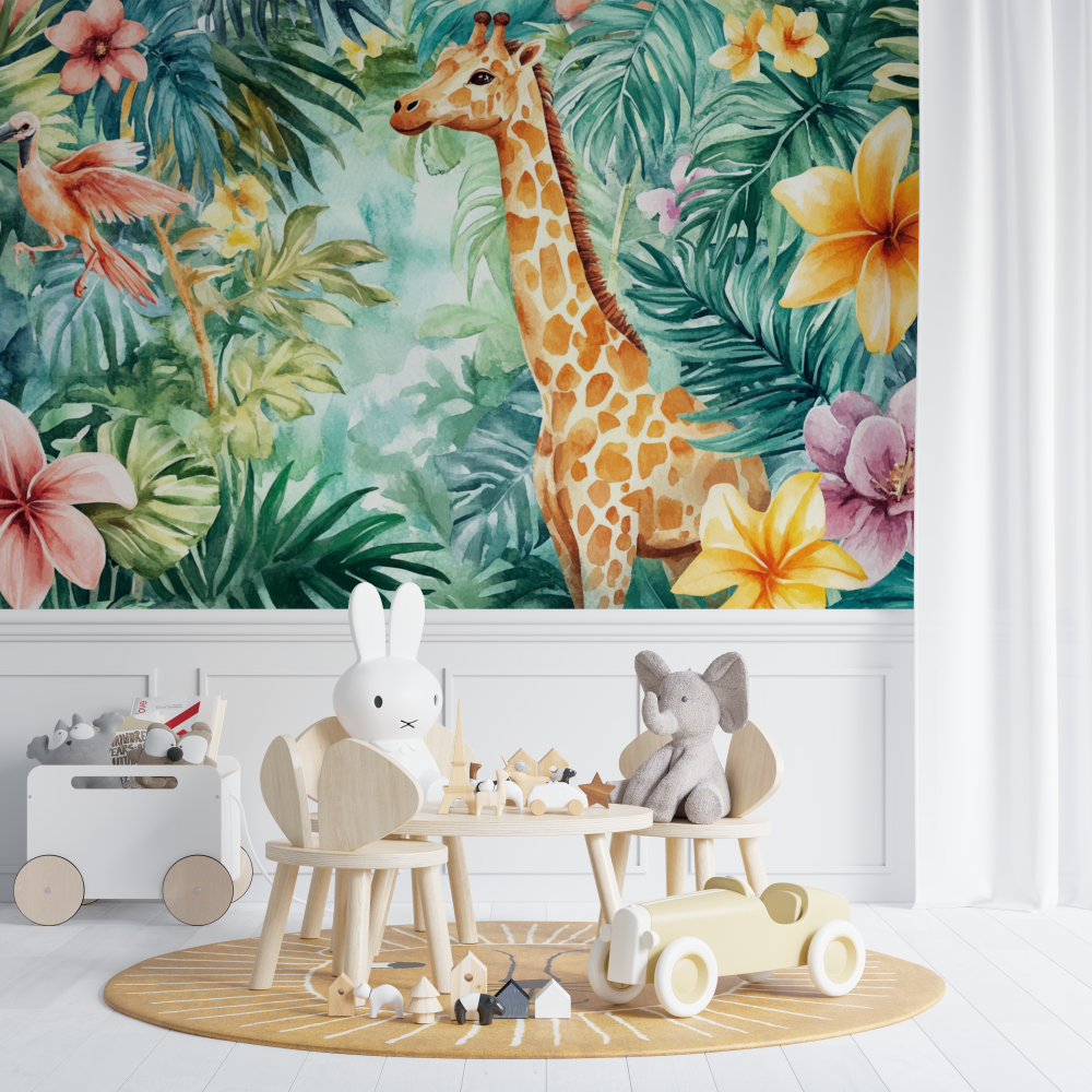 Papier peint animaux arc en ciel et jungle chambre de bebe