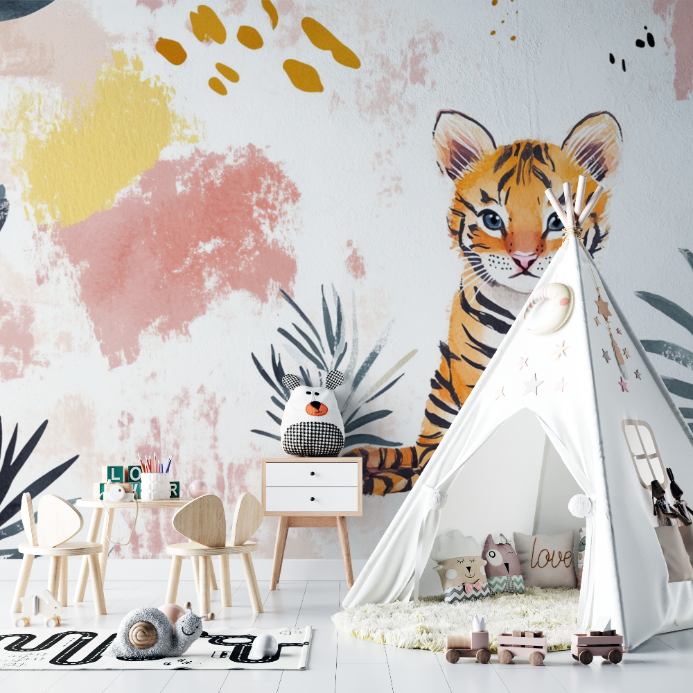 Papier peint tigre et motifs abstraits chambre bebe