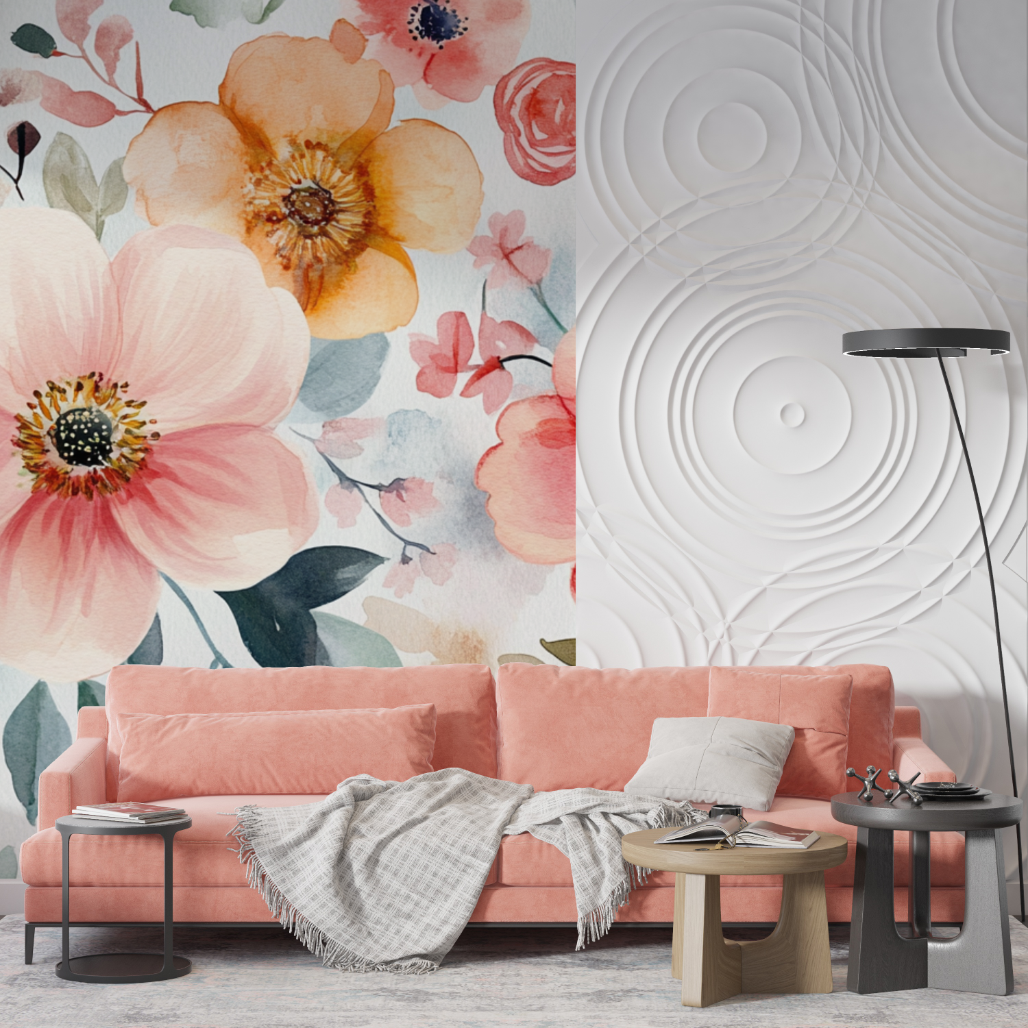 Papier peint aquarelle floral boheme delicat mur