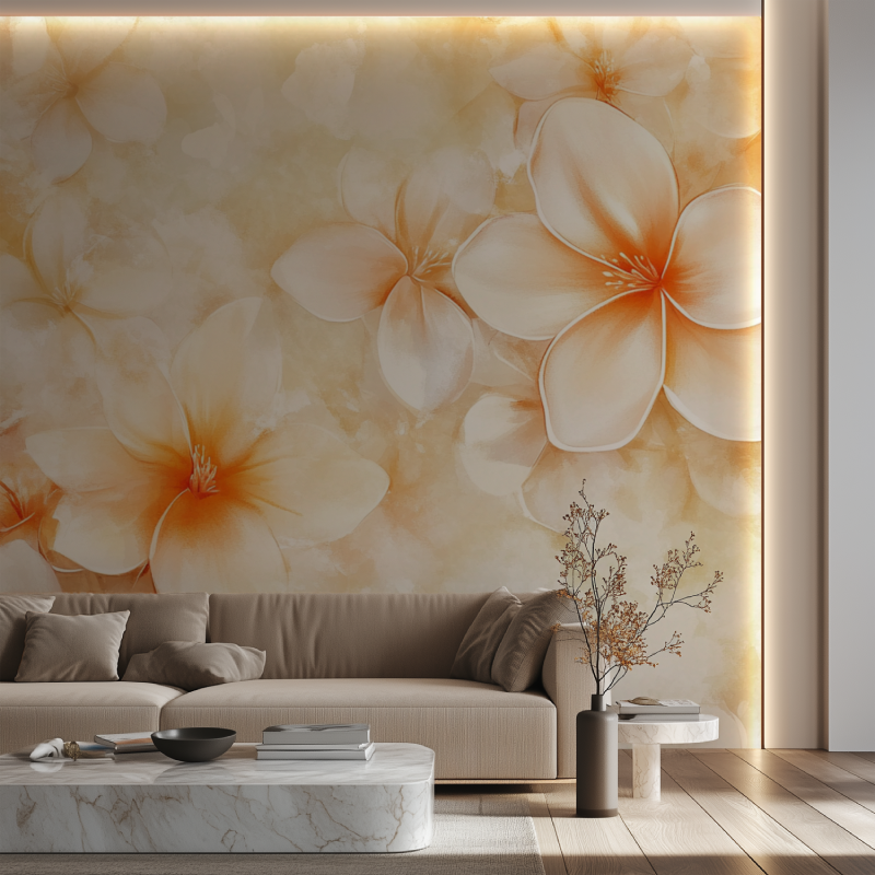 Papier peint fleur de frangipanier canape neon