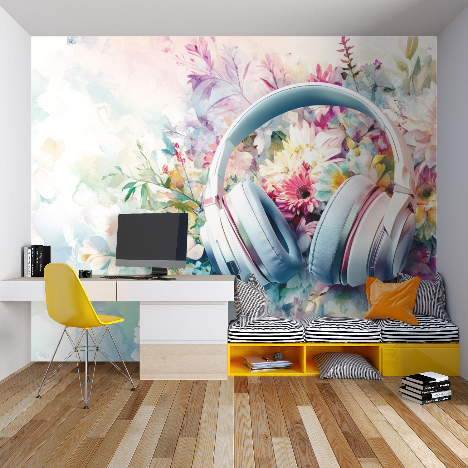 Papier peint floraison chambre garcon lit