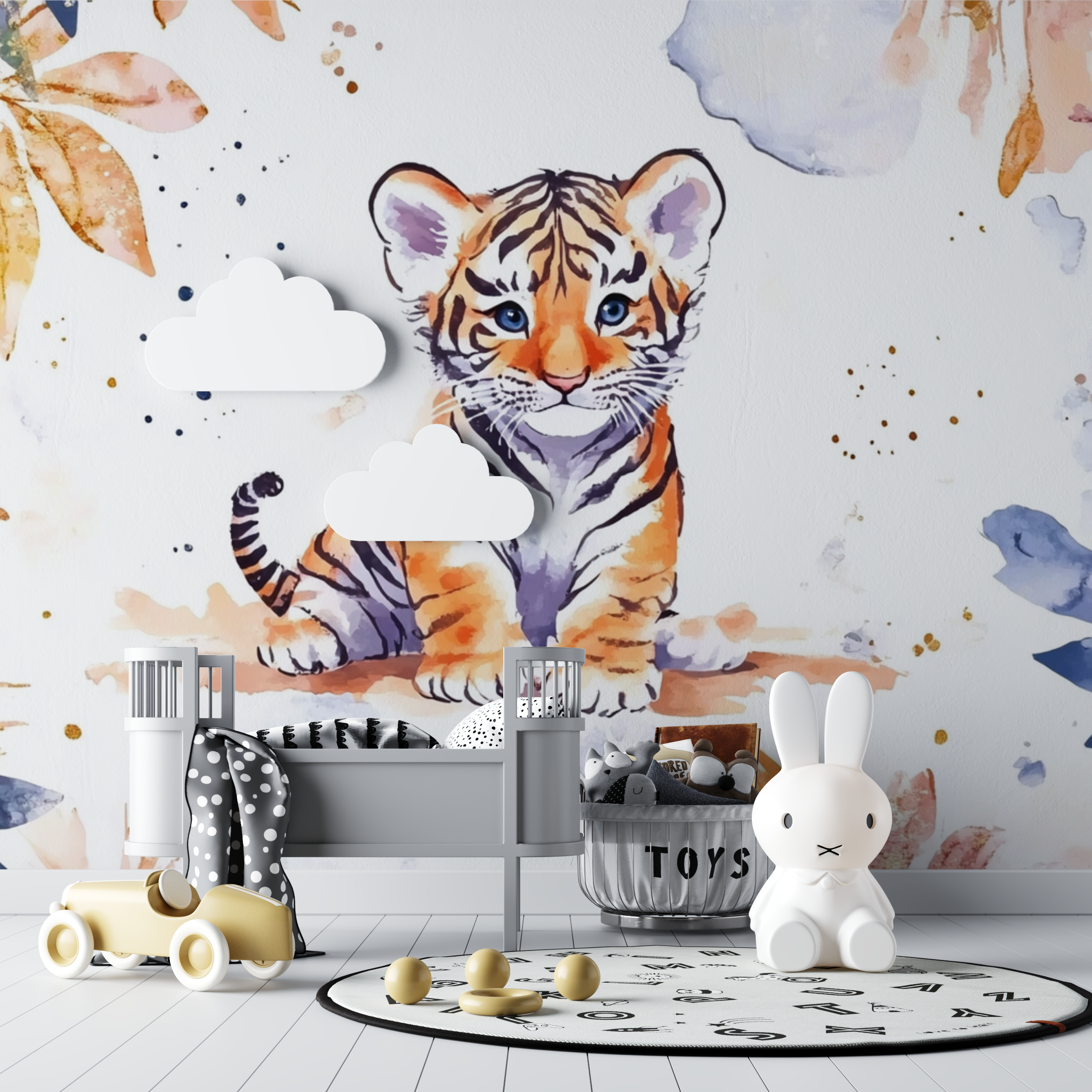 Papier peint tigre et ambiance feerique bebe tipi