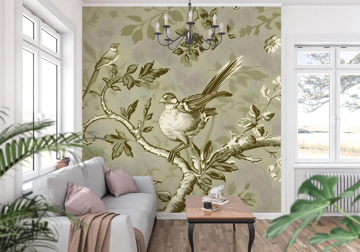 Papier Peint Toile De Jouy Branche Oiseau - tapisserie