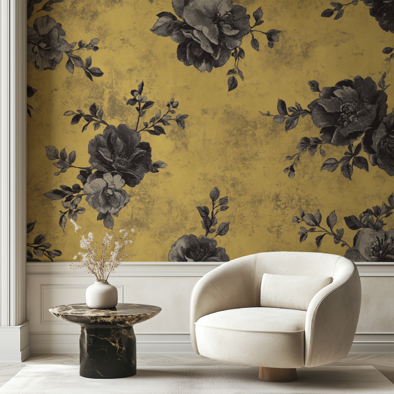 Papier peint vintage jaune gris chaise tendance