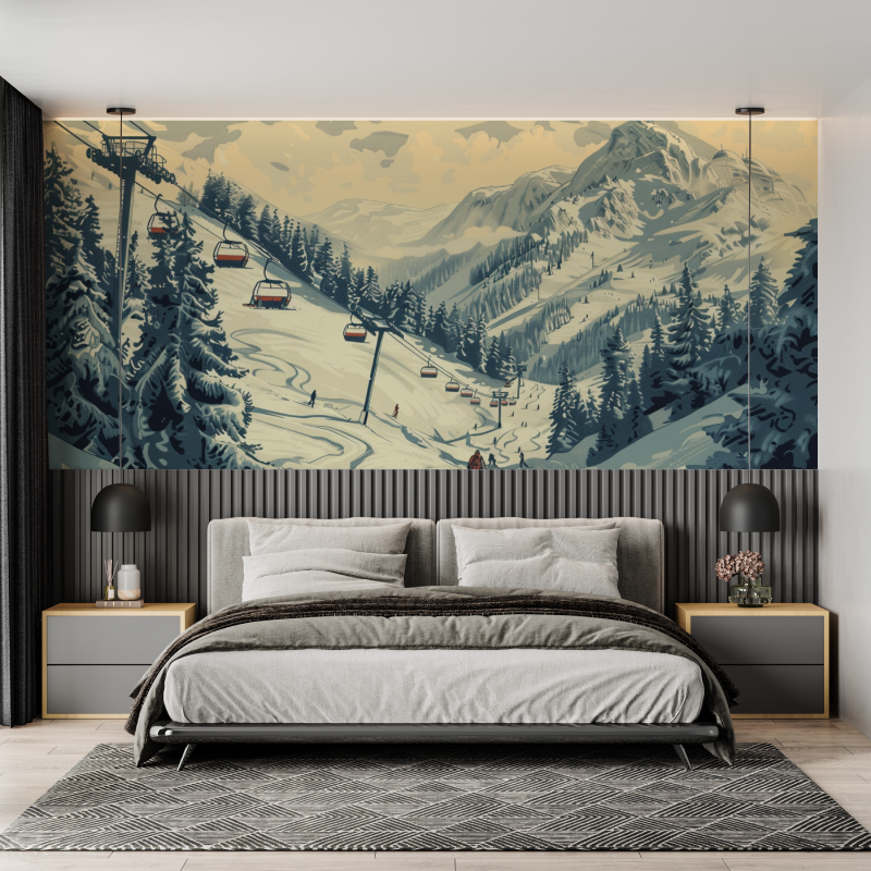 Papier peint telecabine skieurs colores mural adulte