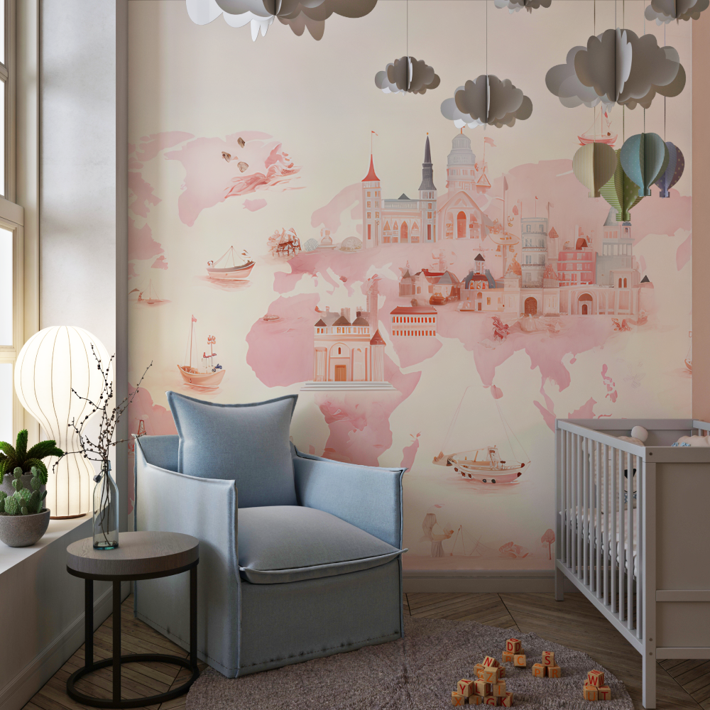 Papier peint carte du monde rose fille chambre de fille