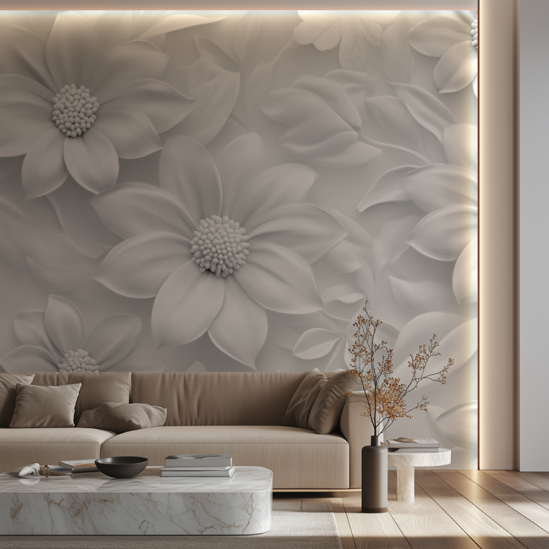 Papier peint fleur gris et blanc canape neon