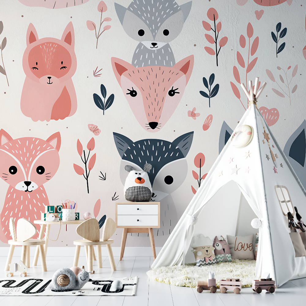 Papier peint bebe renards motifs rose chambre bebe