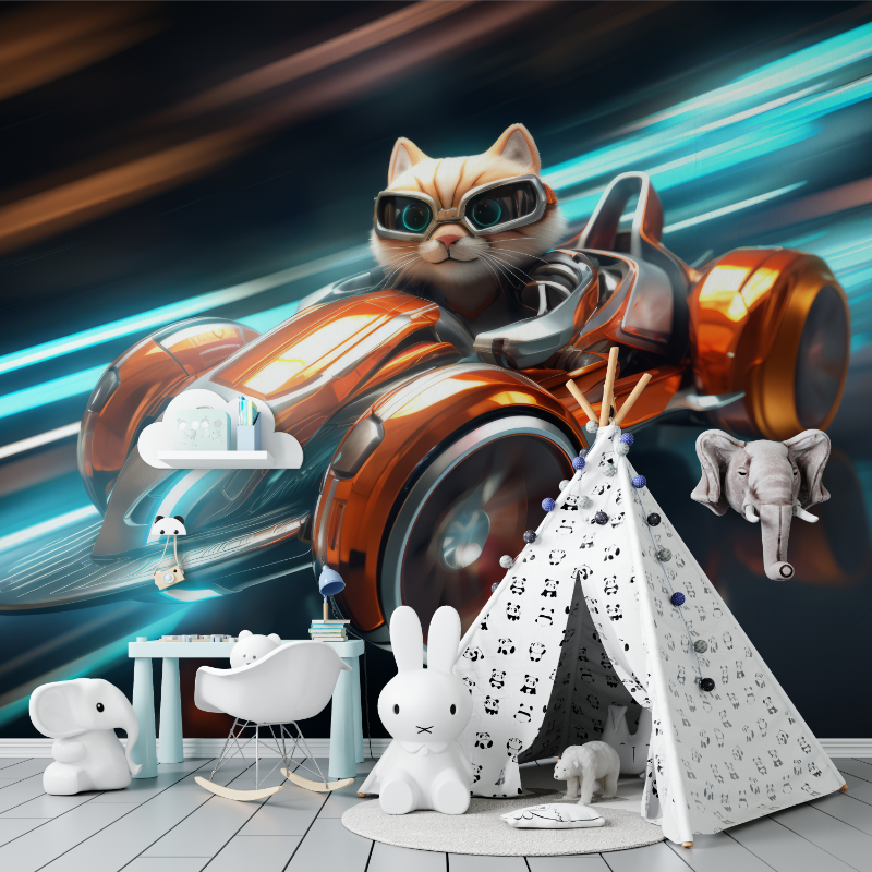 Papier peint voiture sportive et chat tapisserie murs