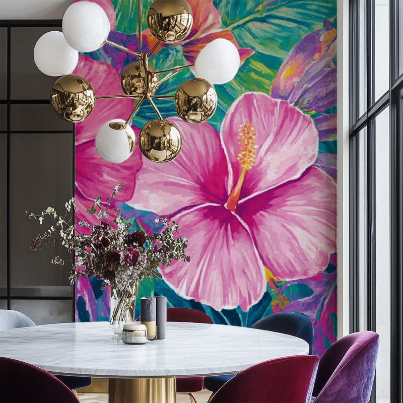 Papier peint fleur tropicale salon chaise