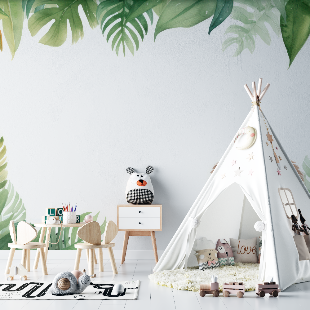 Papier peint lion et feuillage tropical chambre bebe