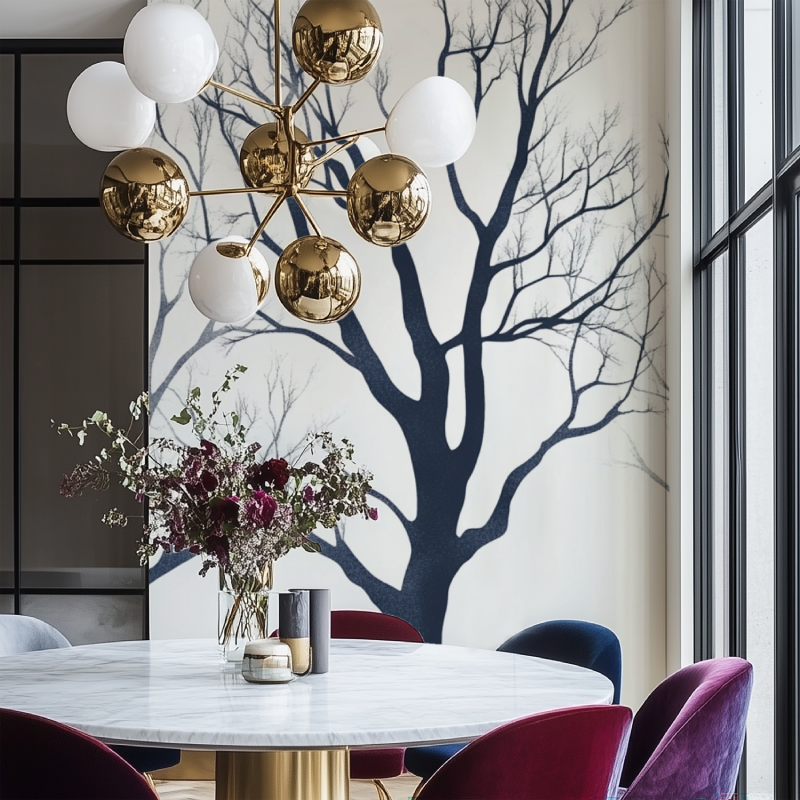 Papier peint arbre graphique salon chaise