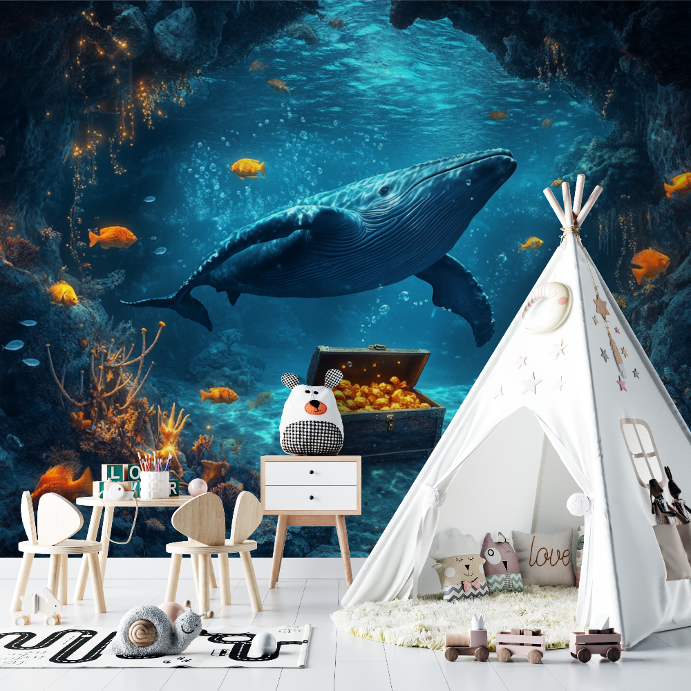 Papier peint marin baleine et tresor cache chambre bebe