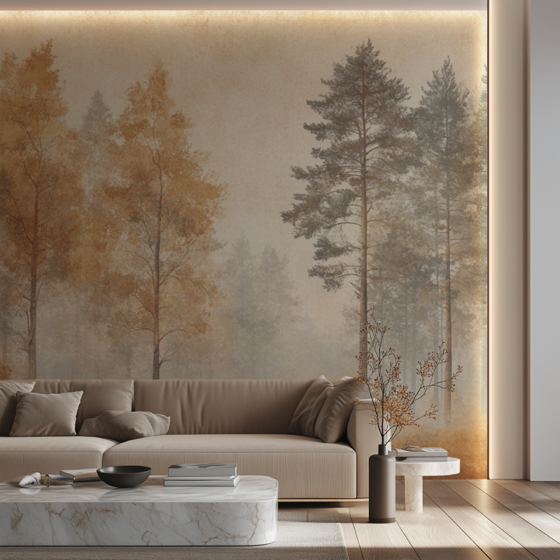 Papier peint arbre chambre canape neon