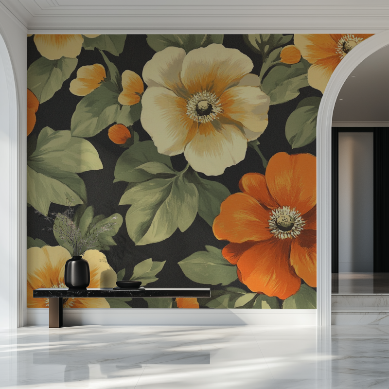 Papier peint fleur 1970 salon beau