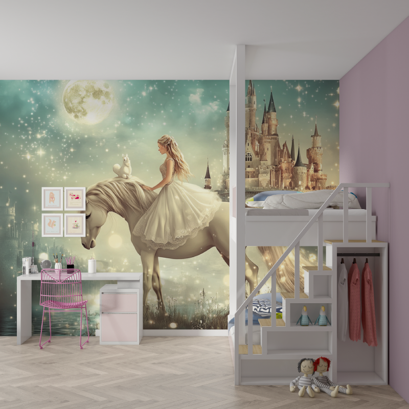 Papier peint princesse chateau licorne mur chambre fille