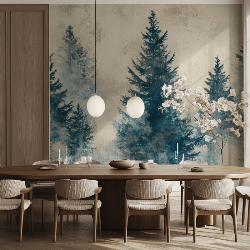 Papier peint arbre bleu canard salle manger tendance