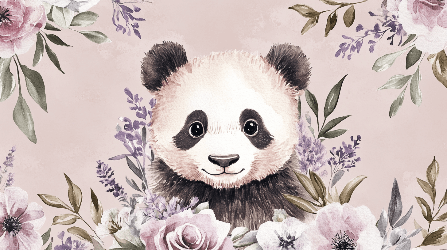 Papier Peint Panda Et Couronne De Fleurs