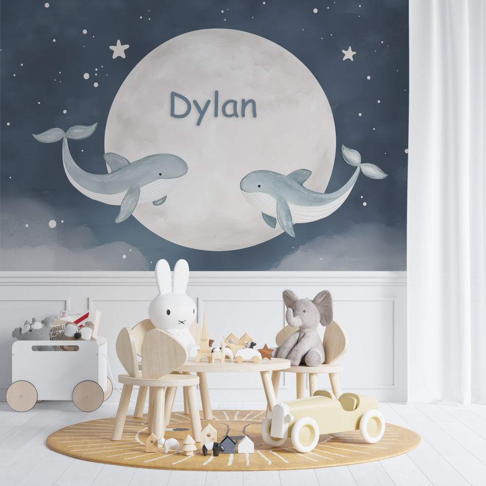 Papier peint prenom baleines chambre de bebe