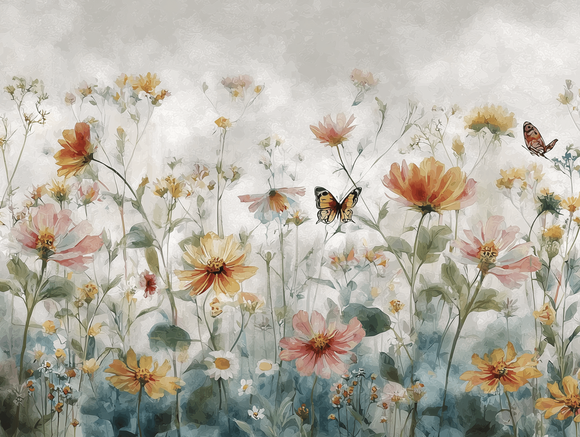 Flowers Butterflies Watercolor Mural Wallpaper