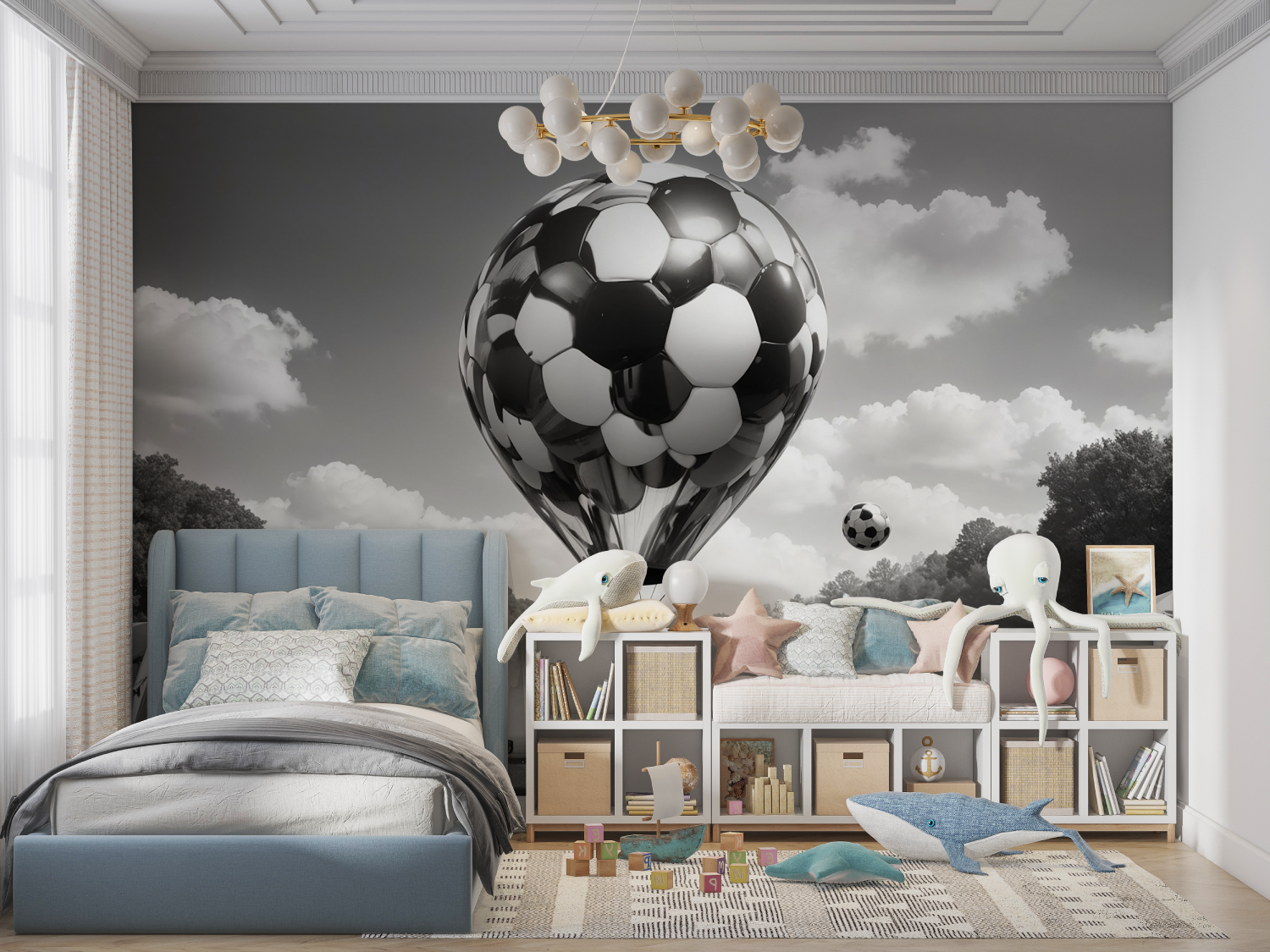 Papiers peint ballon de foot mo...t blanc panoramique garcon