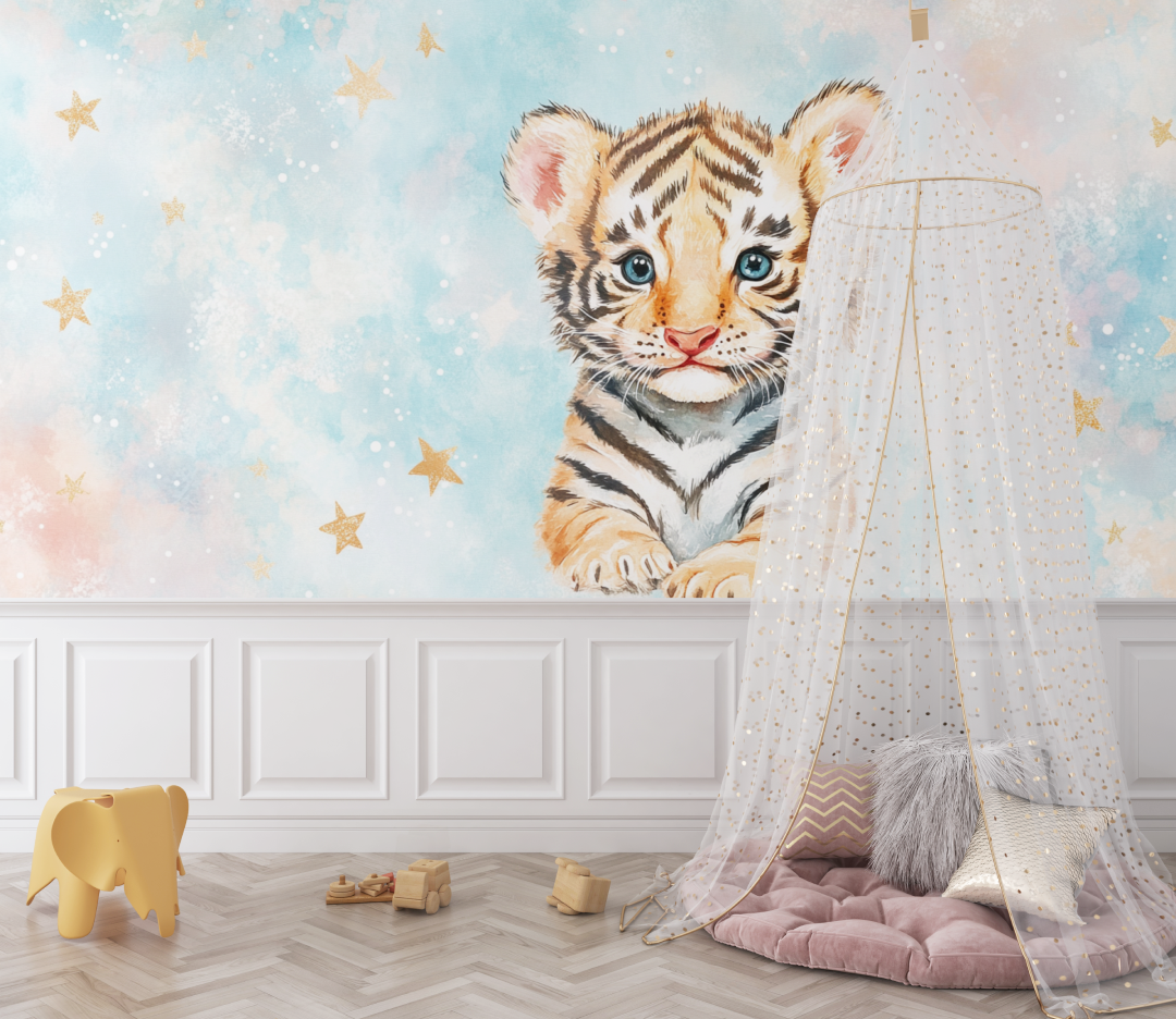 Papier peint tigre et etoiles bebe