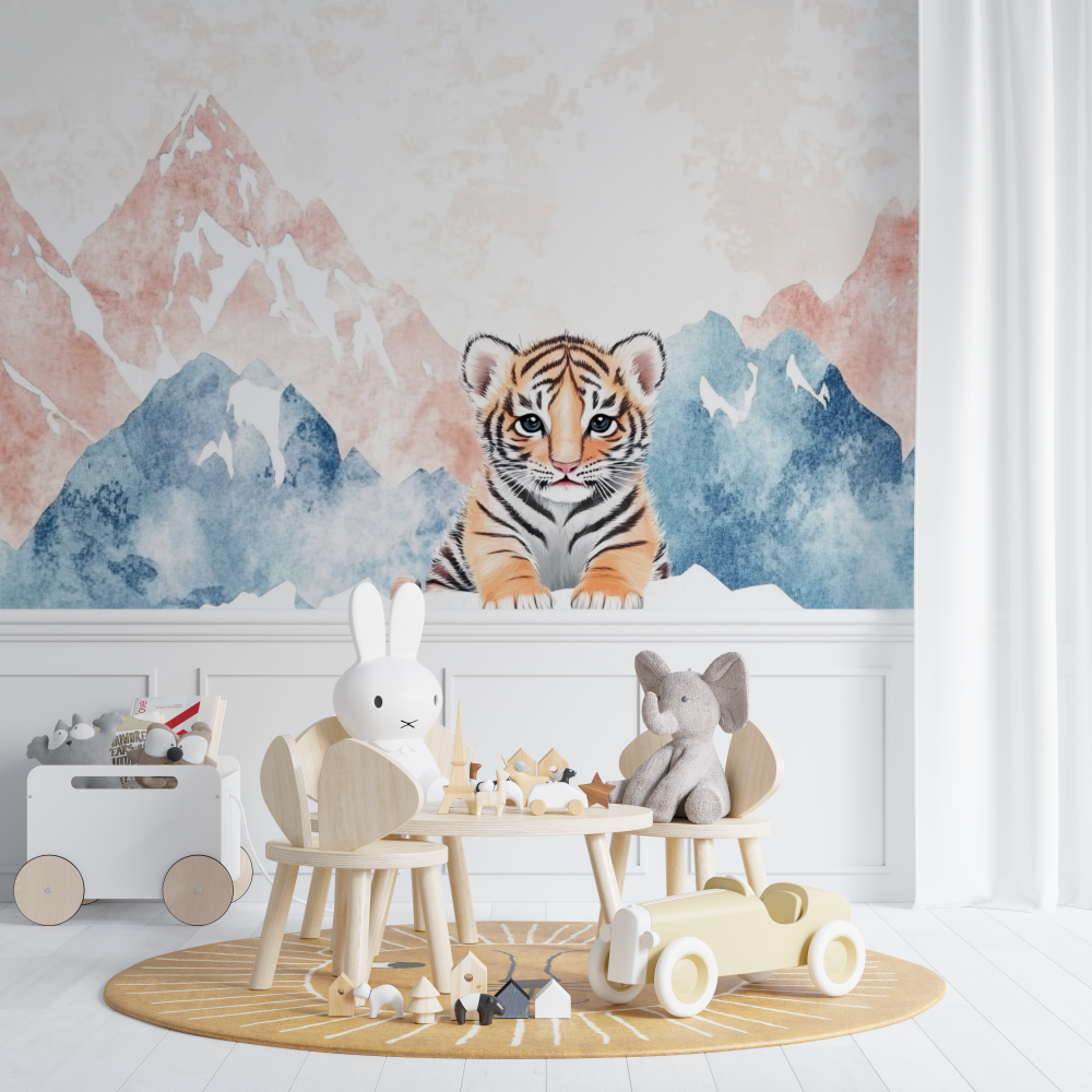 Papier peint tigre et montagnes douces chambre de bebe