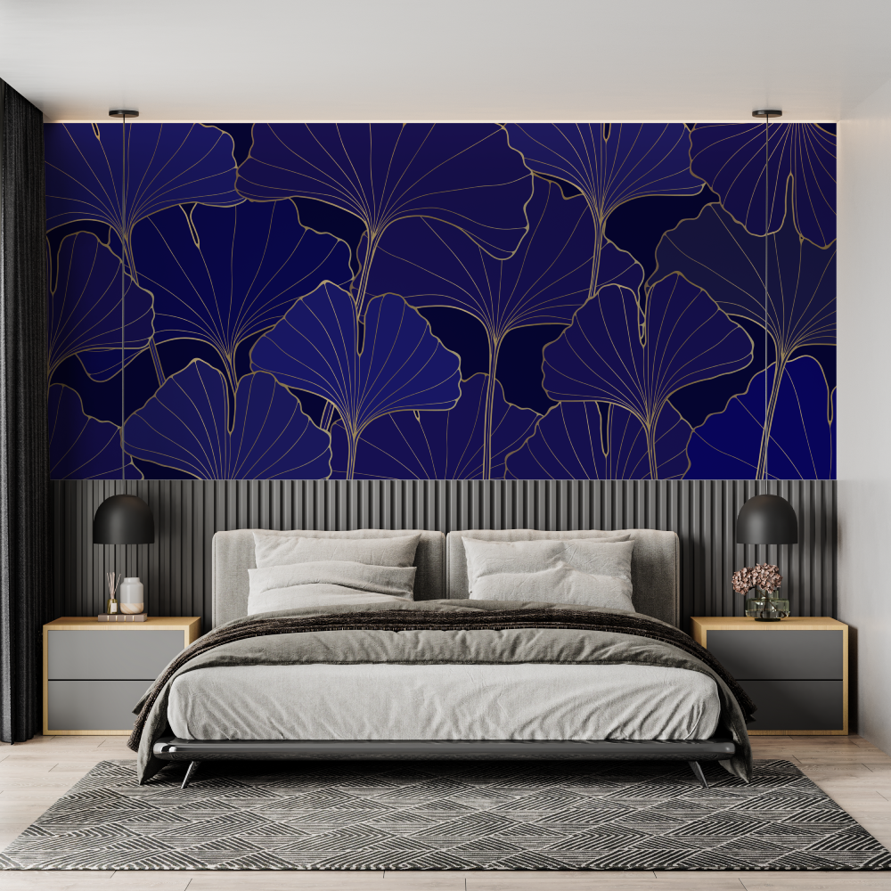 Papier Peint Art Déco Bleu Et Or - tete de lit