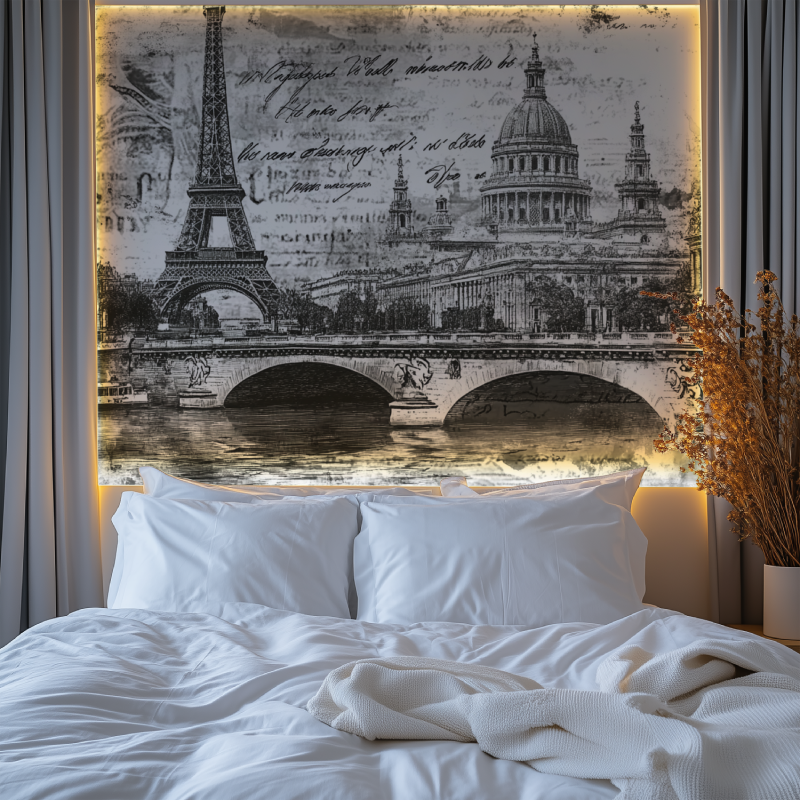 Papier peint vintage noir et bl...te postale chambre premium