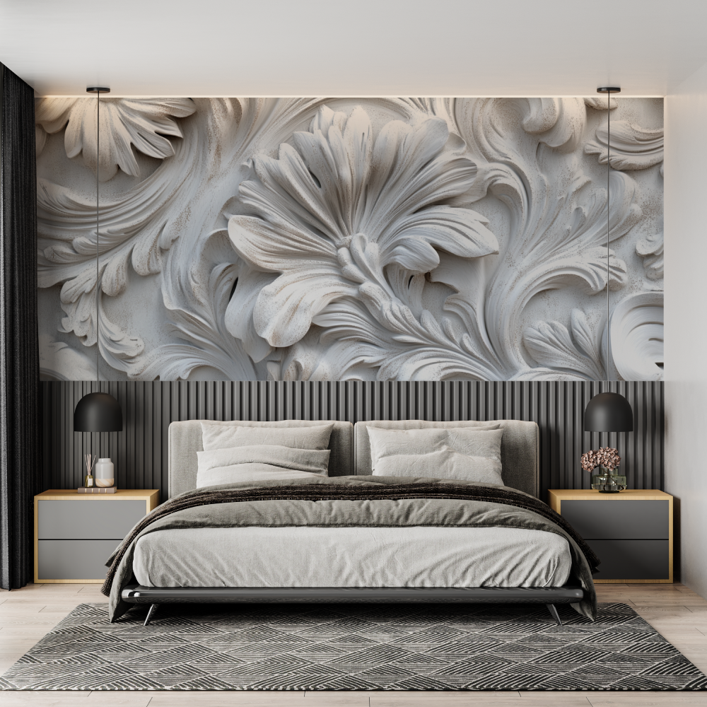 Papier peint moulure trompe loeil chambre adulte tendance