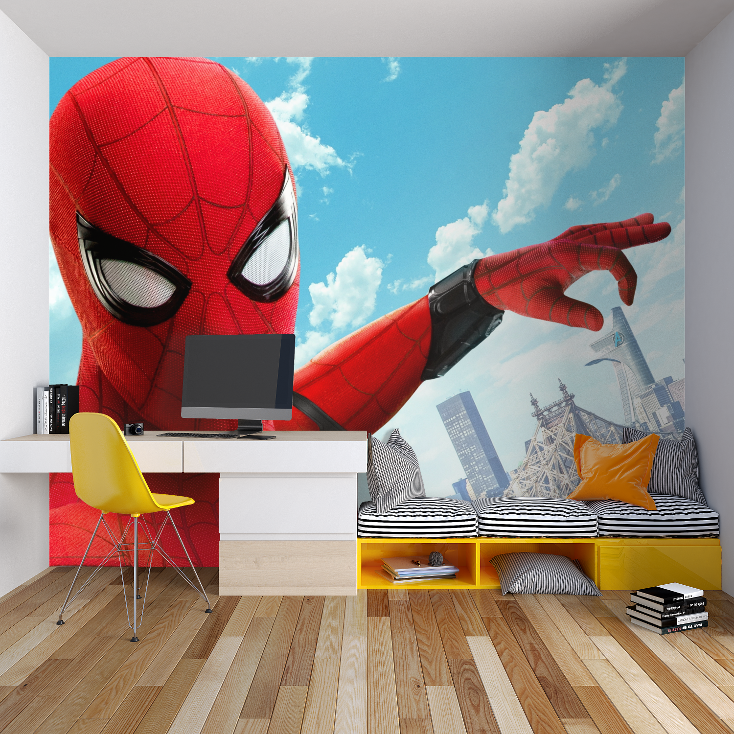 Papier Peint Spiderman Trompe l'Oeil 3D - chambre garçon lit