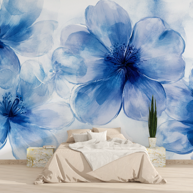 Papier peint grosses fleurs bleu tapisserie 2025