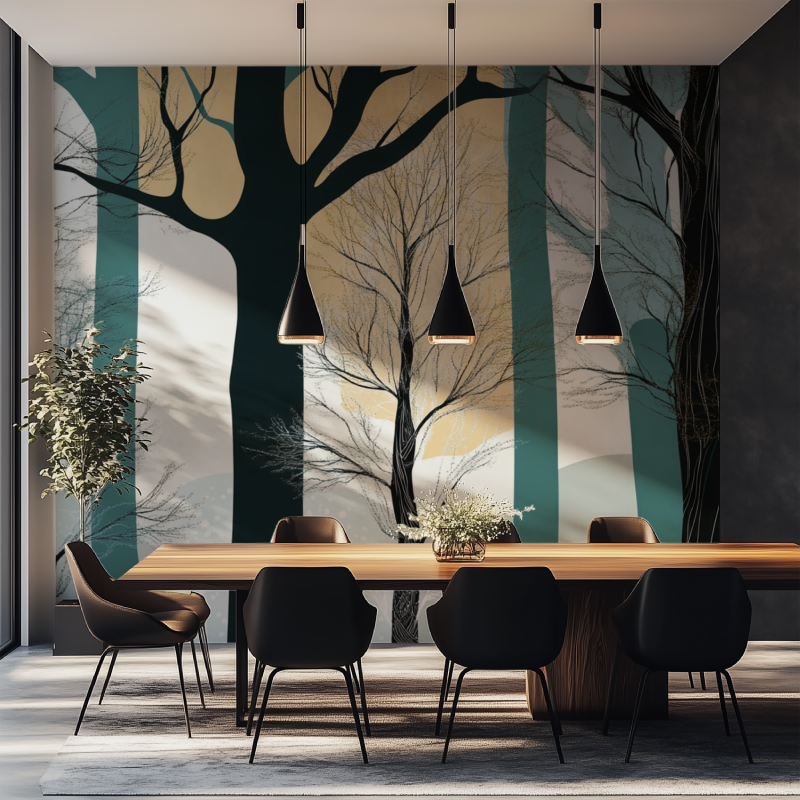 Papier peint arbre rayures salle manger tapisserie