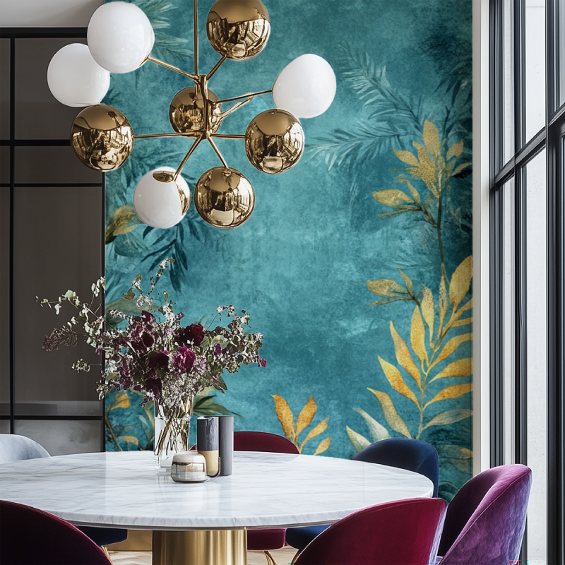 Papier peint arbre exotique salon chaise