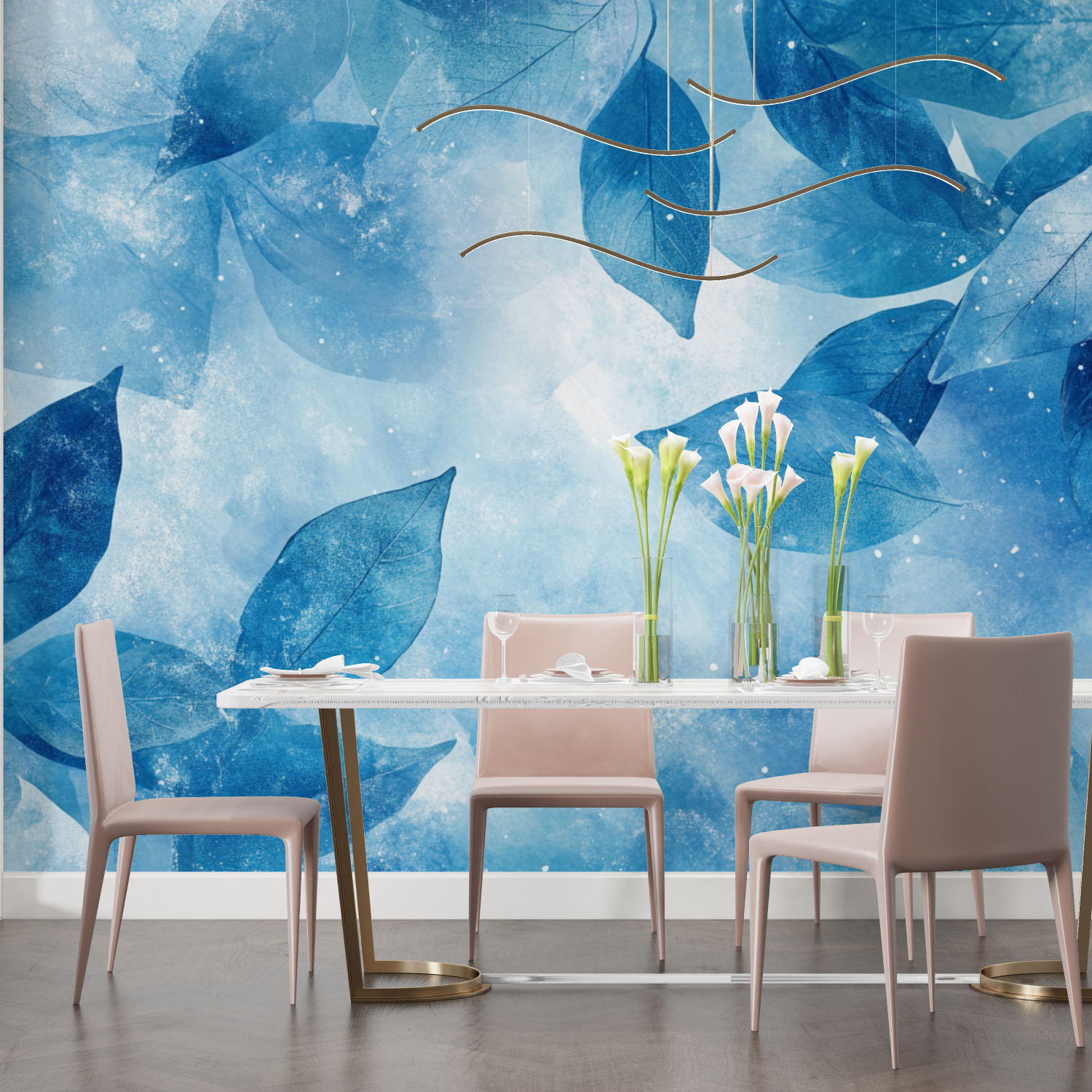 Papier peint aquarelle feuilles bleus abstraites salon