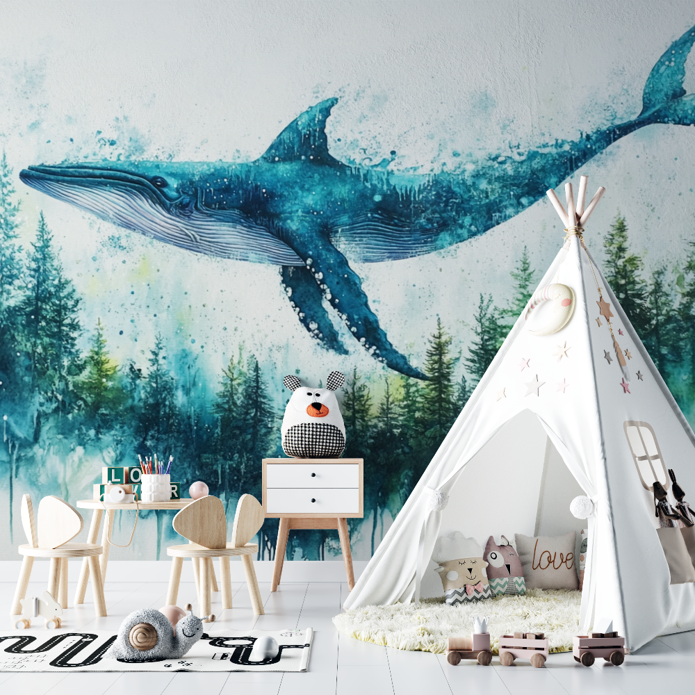 Papier peint baleine et foret chambre bebe