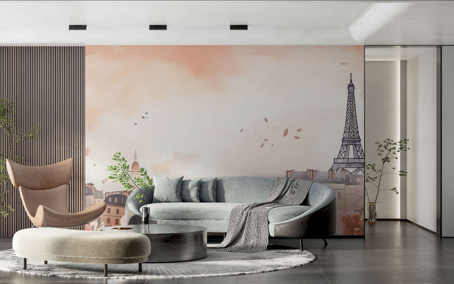 Papier peint aquarelle ville de paris rose tendance 2024