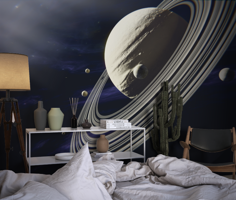 Papier peint espace lune et saturne chambre dado1