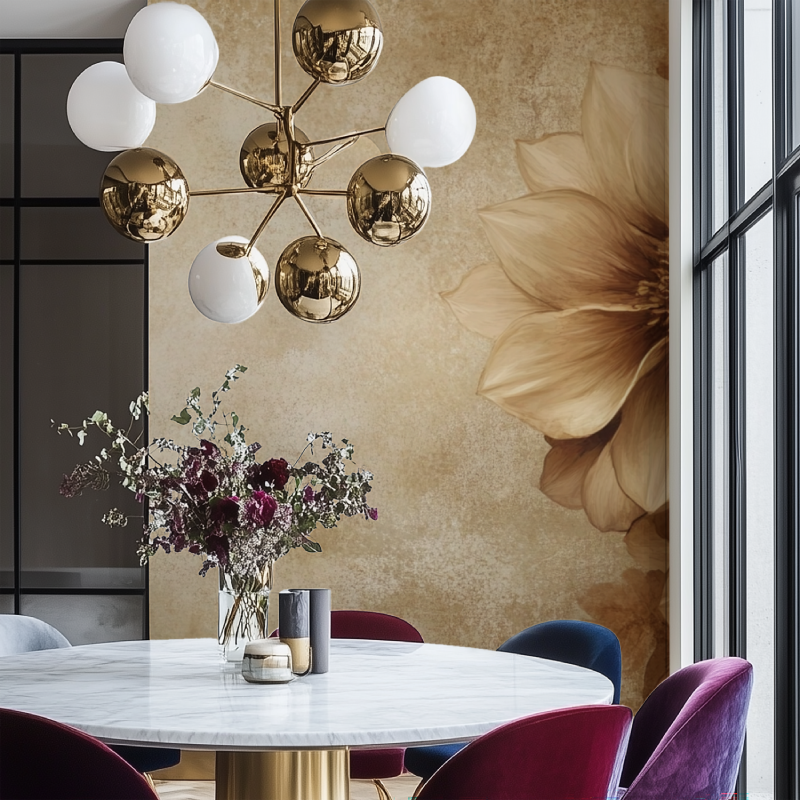 Papier peint fleur marron vintage salon chaise