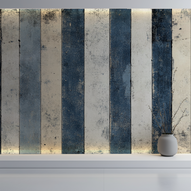 Papier peint vintage rayures gris bleu pale mur blanc