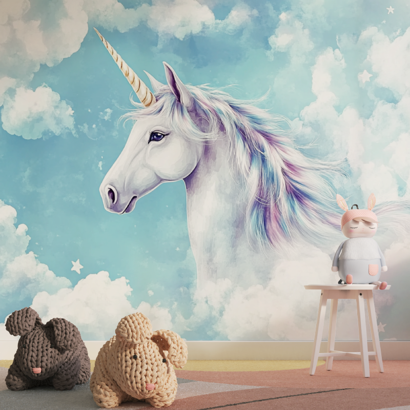 Papier peint licorne ciel bleu ...reux tapisserie pour fille