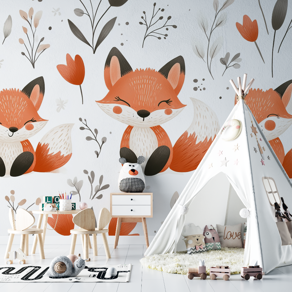 Papier peint renard floral chambre bebe
