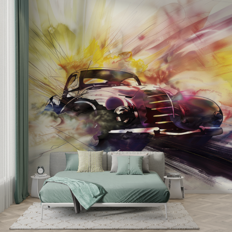 Papier peint voiture vintage aquarelle murs