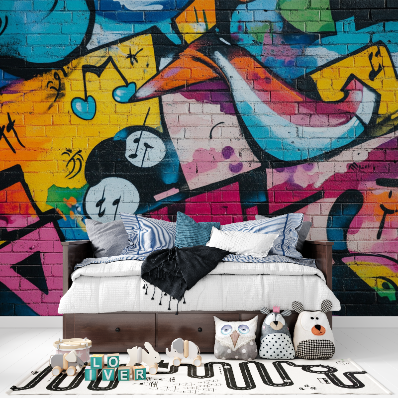 Papier peint brique et tag music tapisserie pour ado