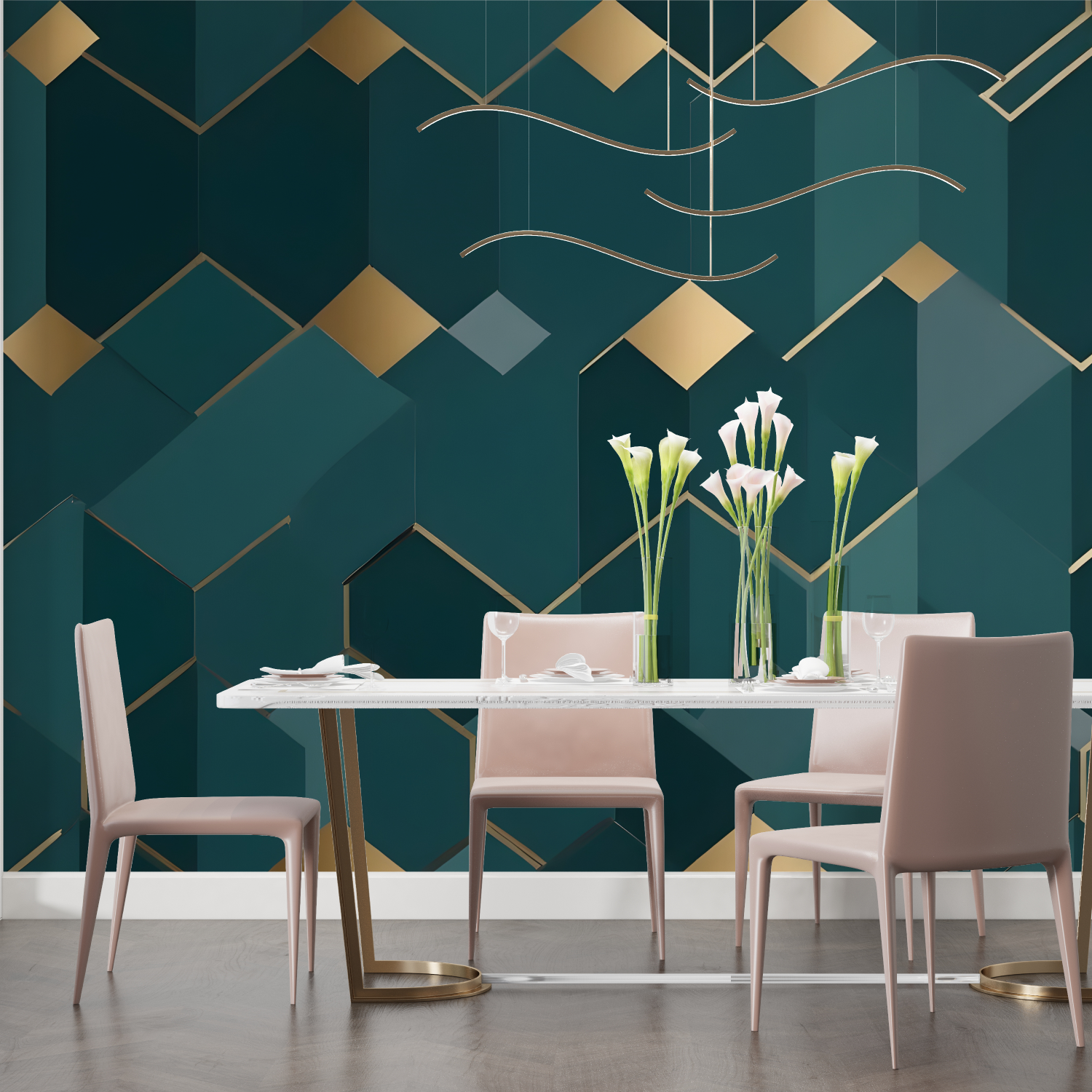 Papier Peint Geometrique Bleu Canard Doré - salon