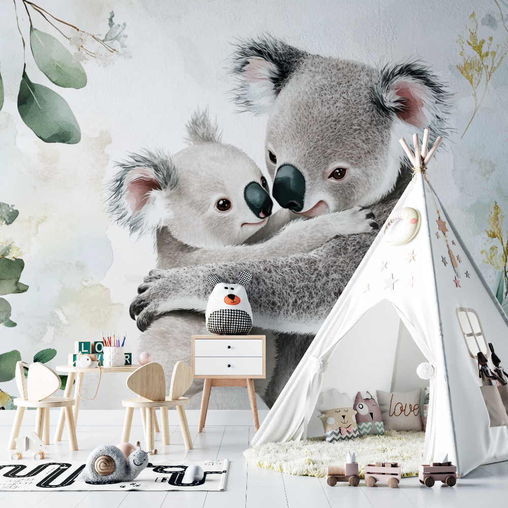 Papier peint koala blotti contre sa maman chambre bebe